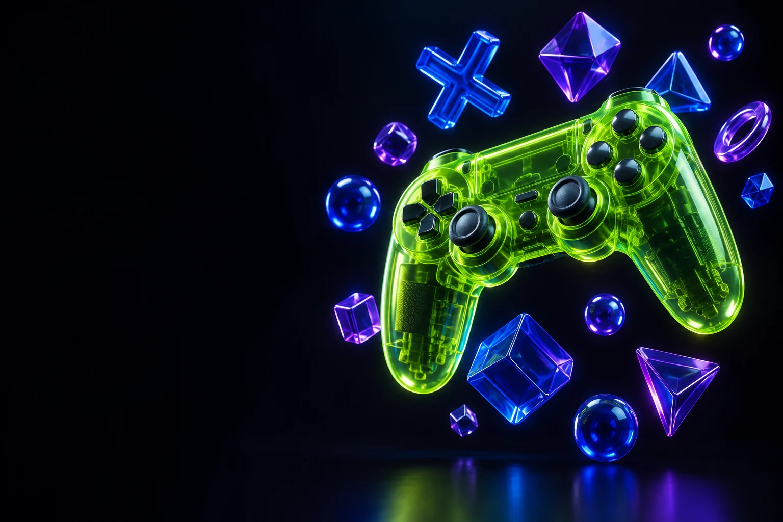 Lime game controller with floating blue arcade tokens